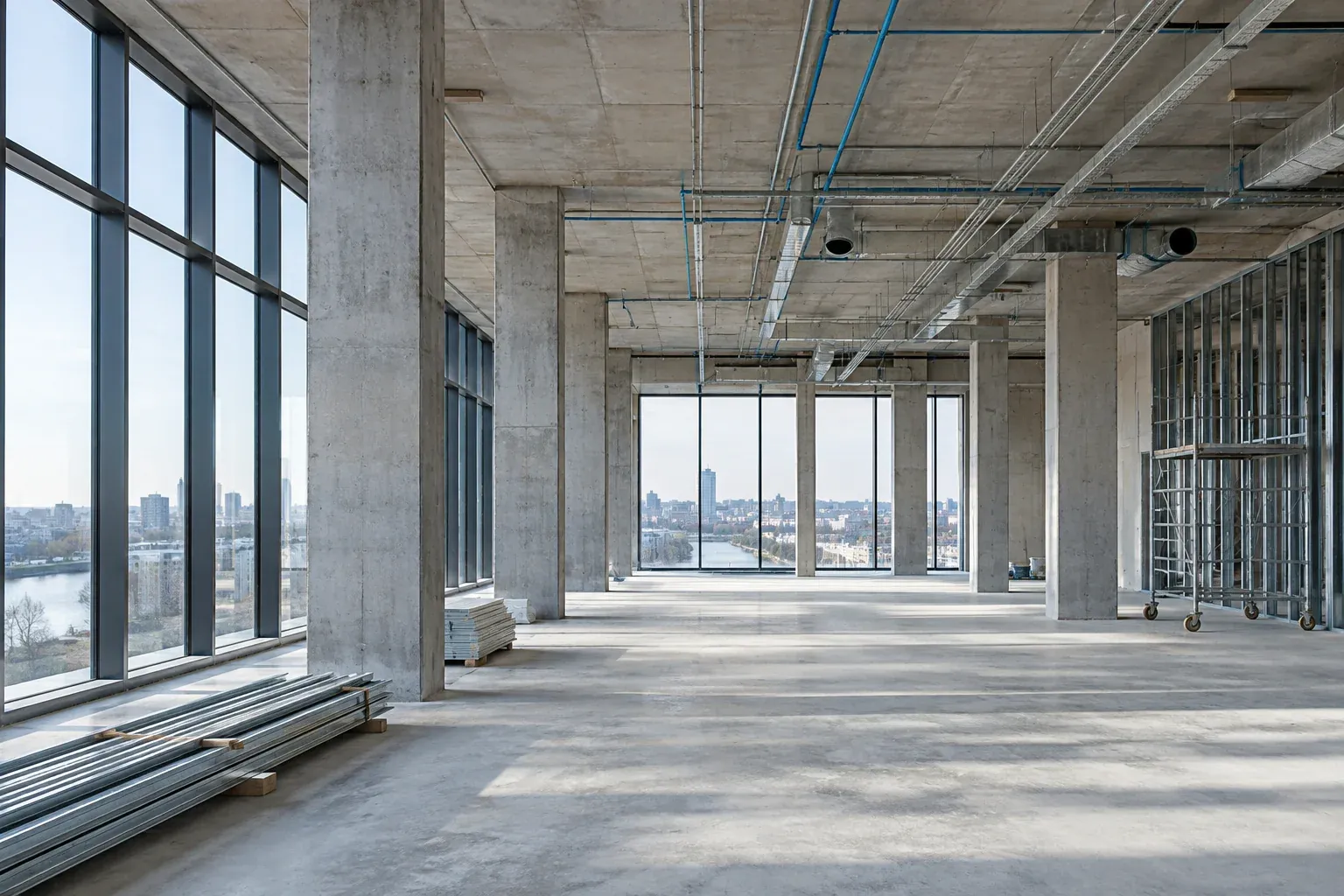 Architekturvisualisierung: lichtdurchfluteter Gewerberaum mit sichtbaren Betonsäulen im Ausbau