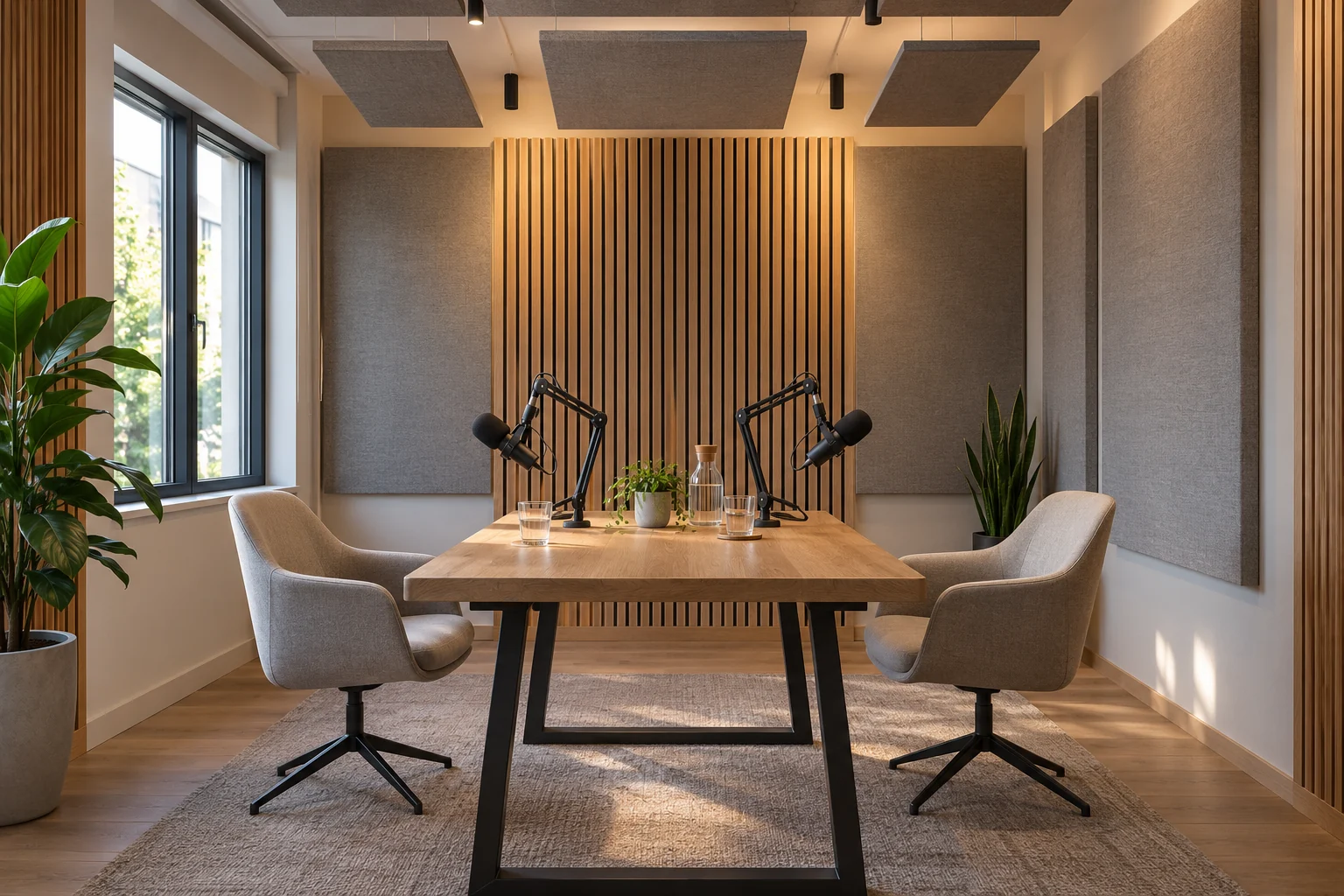 KI-Architekturvisualisierung eines Podcaststudios mit zwei Mikrofonen, Akustikpaneelen und abgehängten Deckenabsorbern